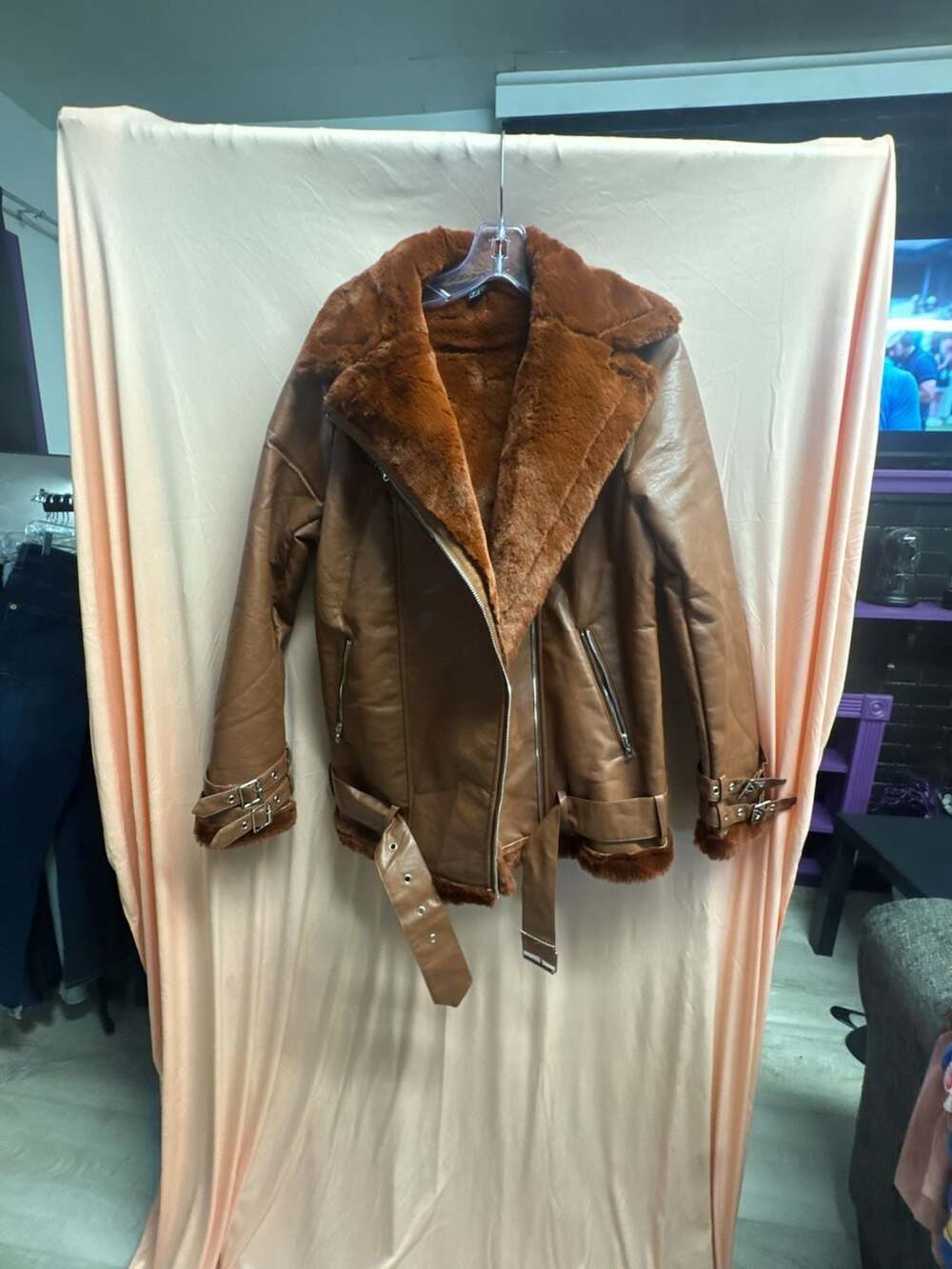 Faux Leather Aviator Biker Jacket with Faux Fur Lining and Belt